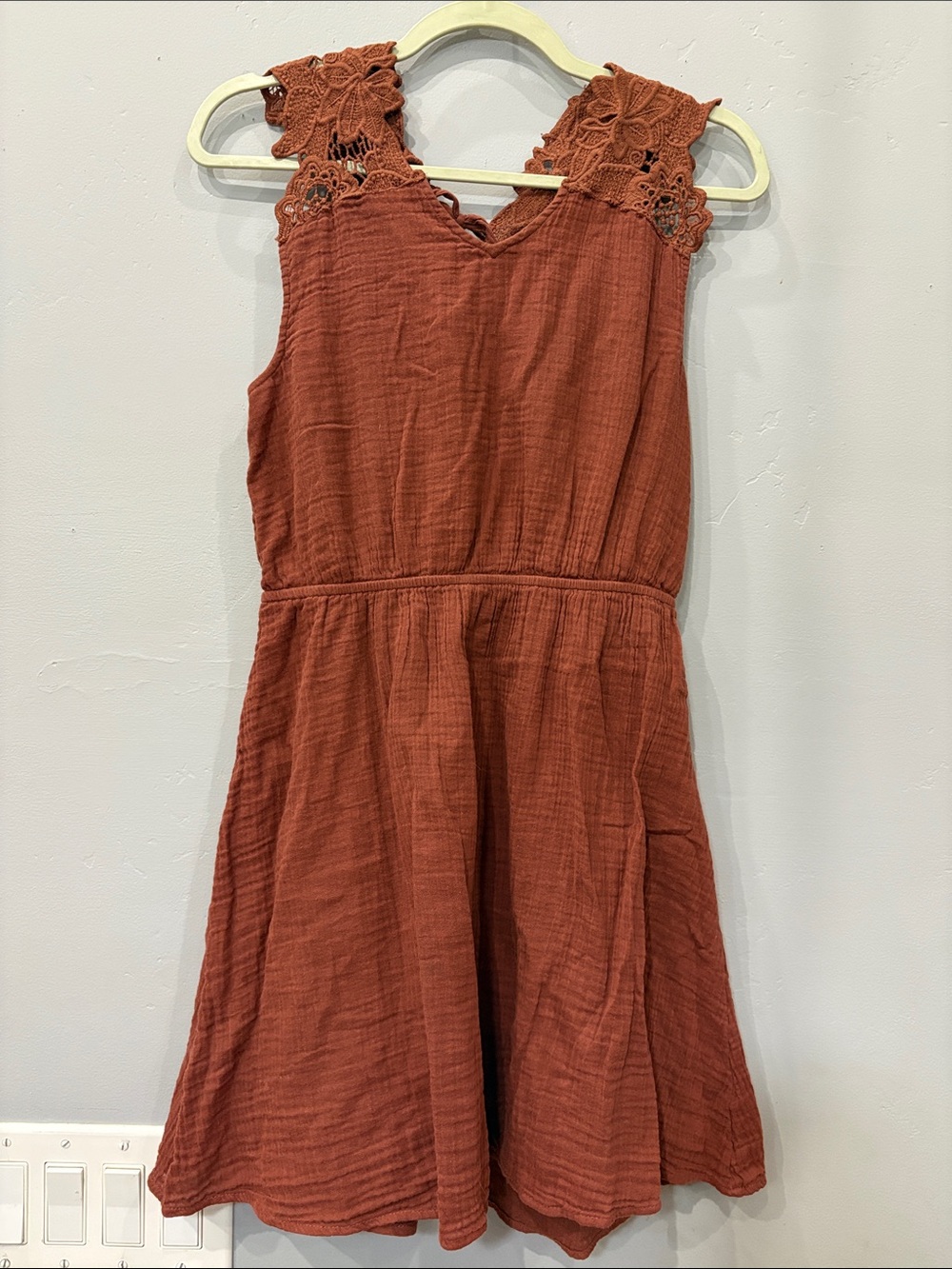 Rust Cotton Crochet Lace Mini Dress Boho Tie Back Sleeveless